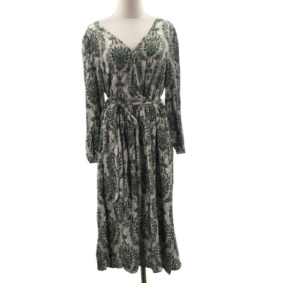BLOOMCHIC SZ 12 L green floral v neck pockets long sleeve midi dress NWT B81 - Picture 1 of 8